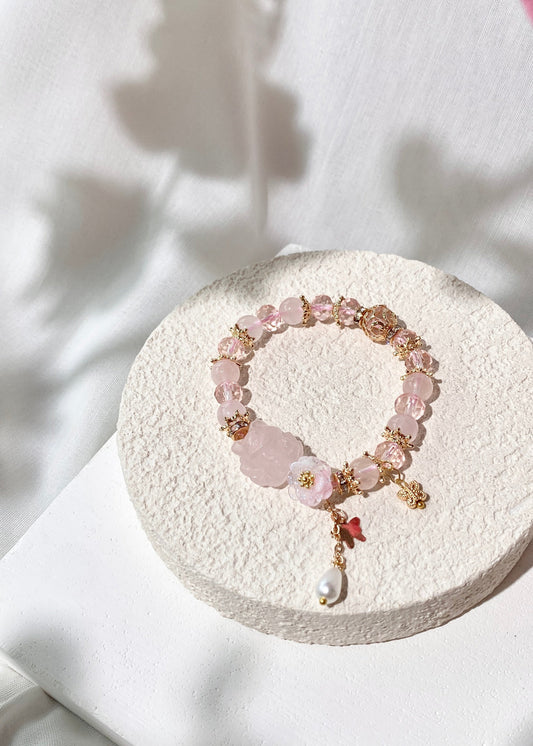 *PO* Rose Quartz Nine Tail Fox 九尾狐 with Pink Flower Charm & Pearl Dangly Crystal Bracelet (Elastic)