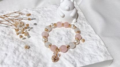 *PO* Rose Quartz & White Rabbit Hair with Sparkly Bow Heart Charm Crystal Bracelet (Elastic)