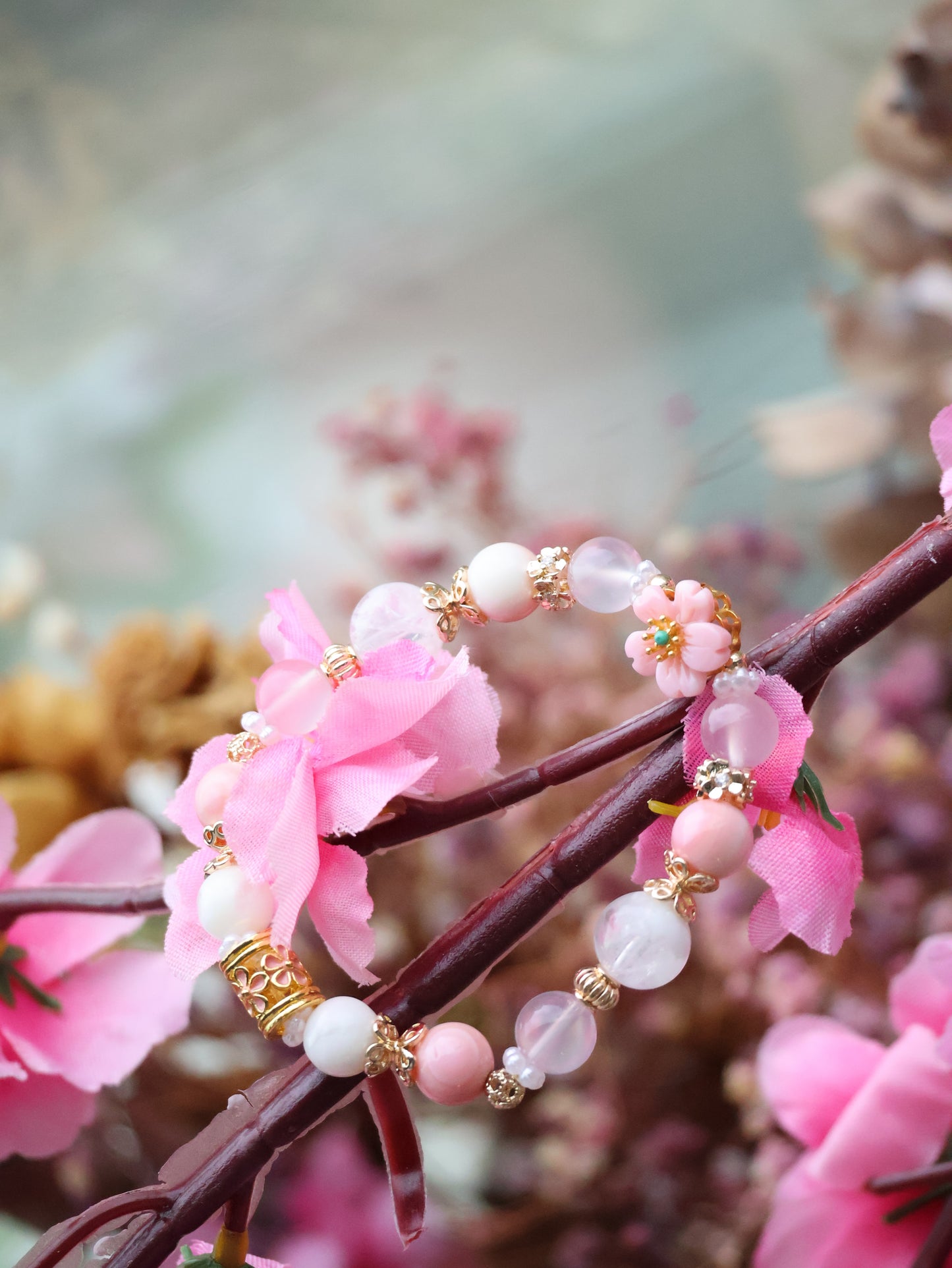 *INSTOCKS* Cheru Customs - Queen Conch, Snow Garden Rose Quartz, White Chalcedony & White Phantom Quartz with Queen Conch Sakura Flower Charm Crystal Bracelet