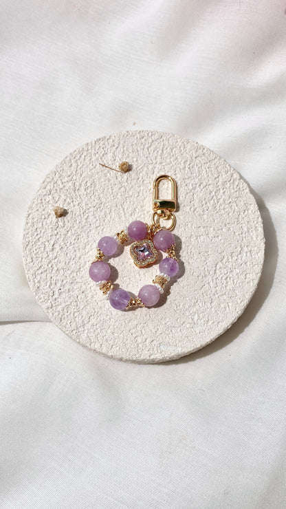 *PO* Kunzite & Amethyst with Sparkly Clover Charm Crystal Keychain