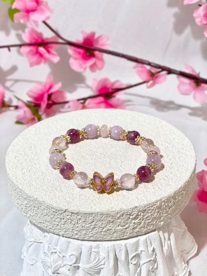 *INSTOCKS* Cheru Customs - Pink Purple Emerald Mica, Kunzite, Rose Quartz & Rose Quartz Rondelle with Purple Butterfly Charm Crystal Bracelet