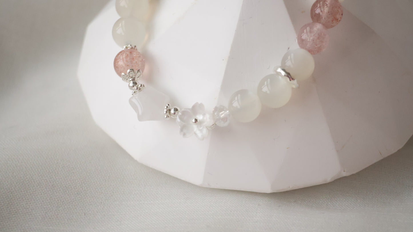 *Backorder* Moonstone & Strawberry Quartz with Clear Quartz Star & Sakura Flower Charm Crystal Bracelet (Elastic) 2.0