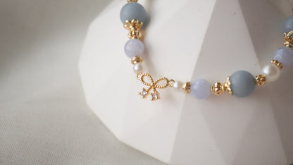 *Backorder* Angelite & Blue Lace Agate with Ribbon Charm Crystal Bracelet (Elastic)