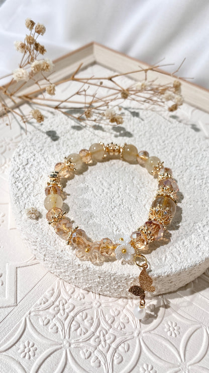 *PO* Gold Rutile with Butterfly Pearl Charm Crystal Bracelet (Elastic)