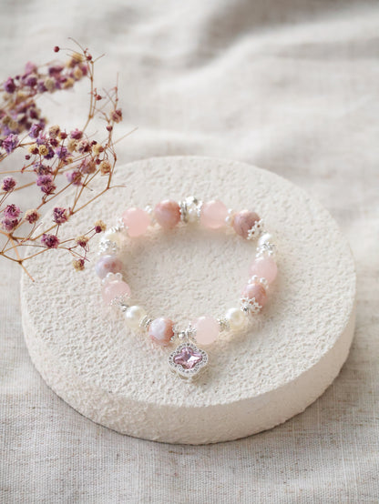 *Backorder* Cordelia Twin - Flower Agate & Rose Quartz with Sparkly Clover Charm Crystal Bracelet (Elastic)