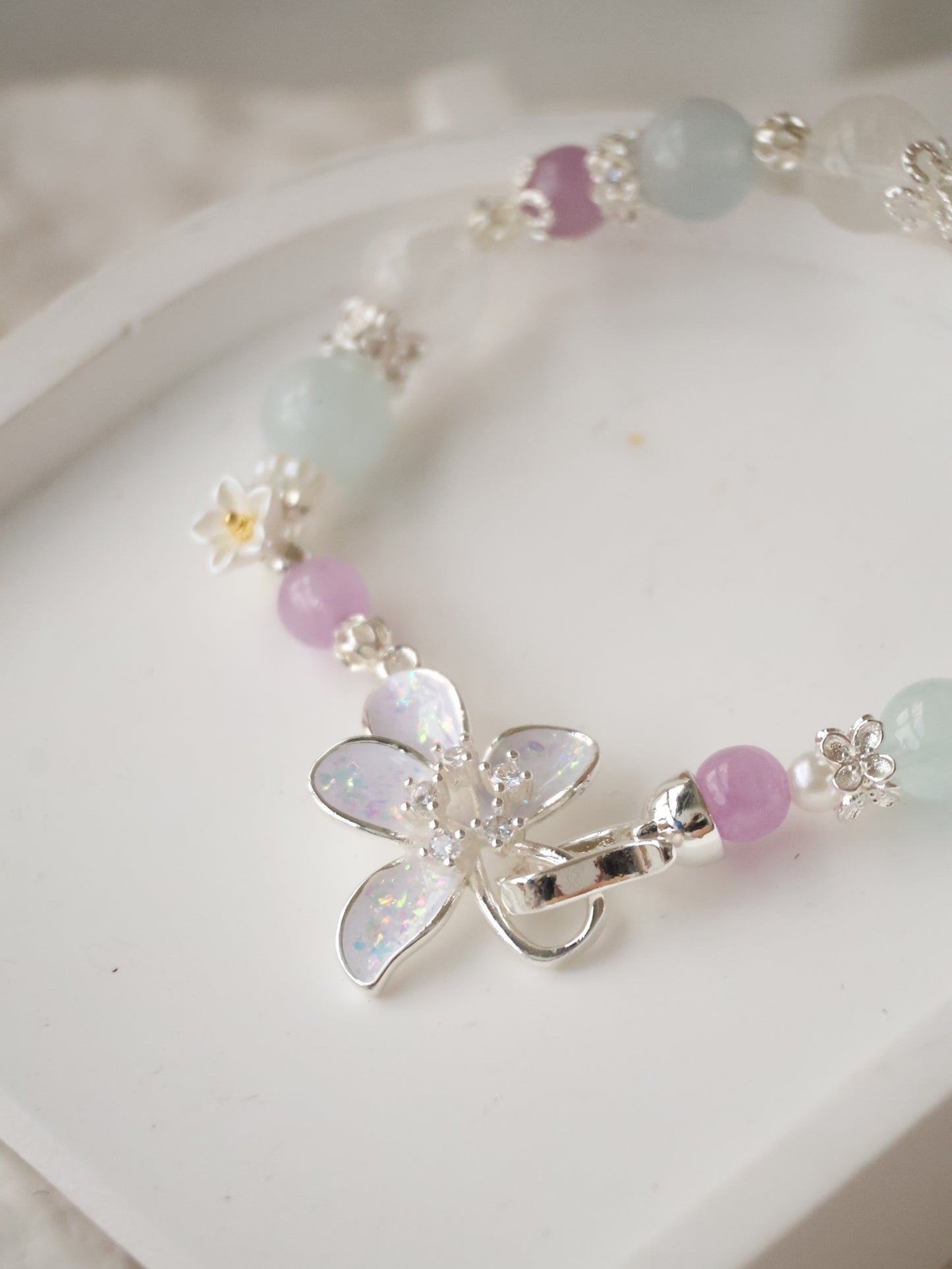 *Backorder* Aquamarine, Kunzite & White Phantom Quartz with Flower Clasp Crystal Bracelet (Elastic)