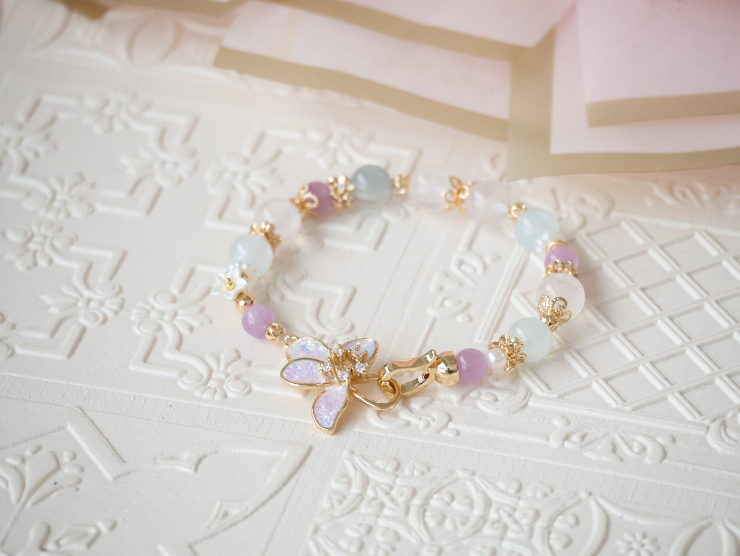 *Backorder* Aquamarine, Kunzite & White Phantom Quartz with Flower Clasp Crystal Bracelet (Elastic)