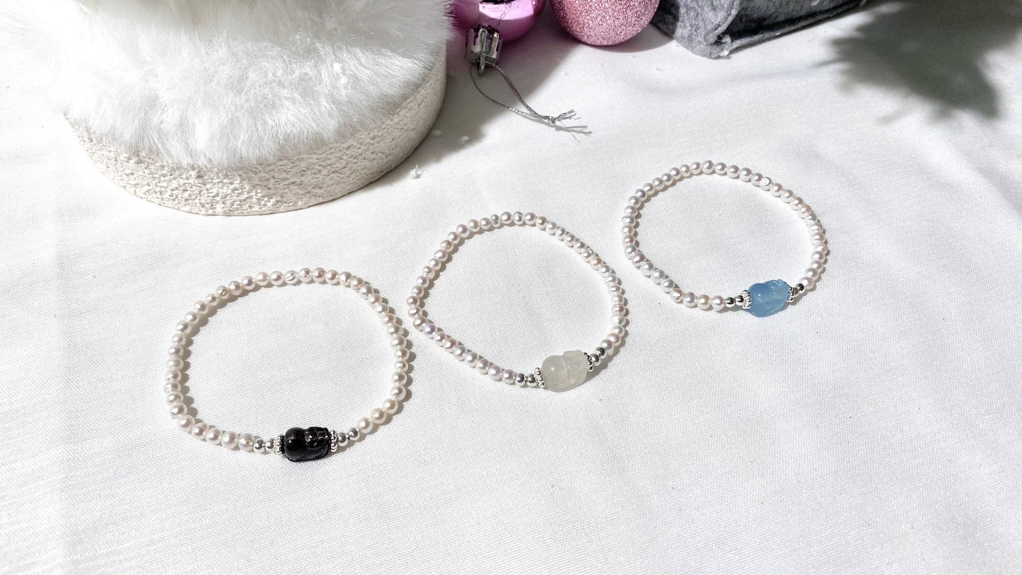 *PO* Freshwater Pearl with Aquamarine Baby Pixiu 貔貅 Crystal Bracelet (Elastic)