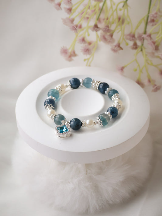 *Backorder* Cordelia Twin - Blue Fluorite & Devil Blue Aquamarine with Sparkly Blue Clover Crystal Bracelet (Elastic)