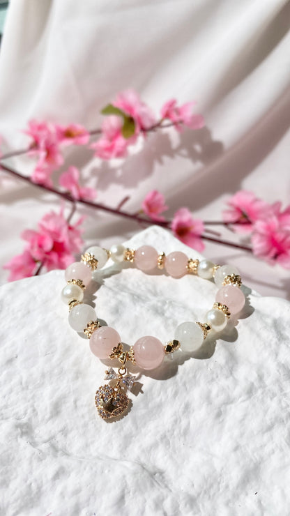 *PO* Rose Quartz & White Rabbit Hair with Sparkly Bow Heart Charm Crystal Bracelet (Elastic)