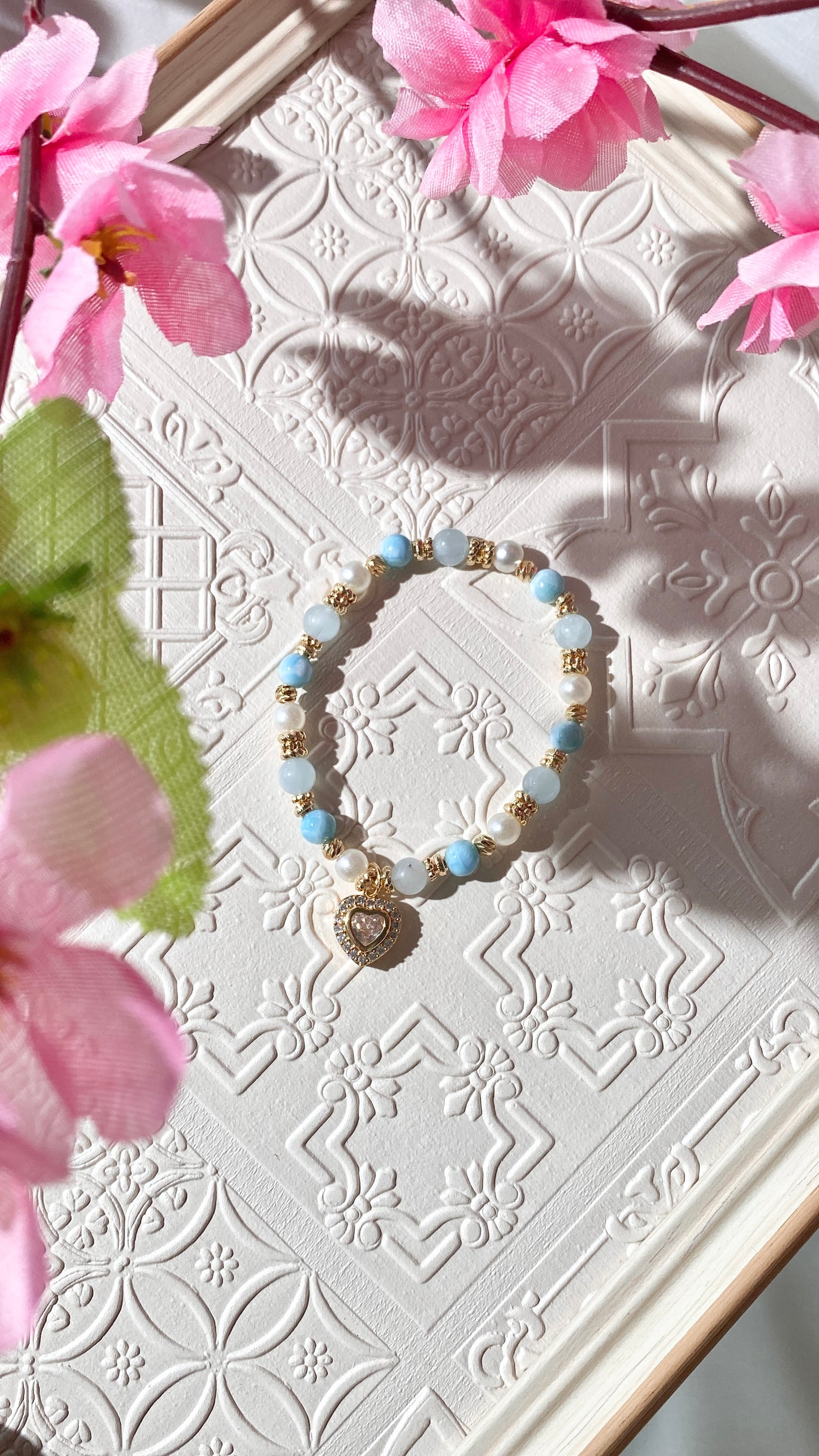 *PO* Larimar & Aquamarine with Gem Heart Charm Crystal Bracelet (Elastic)