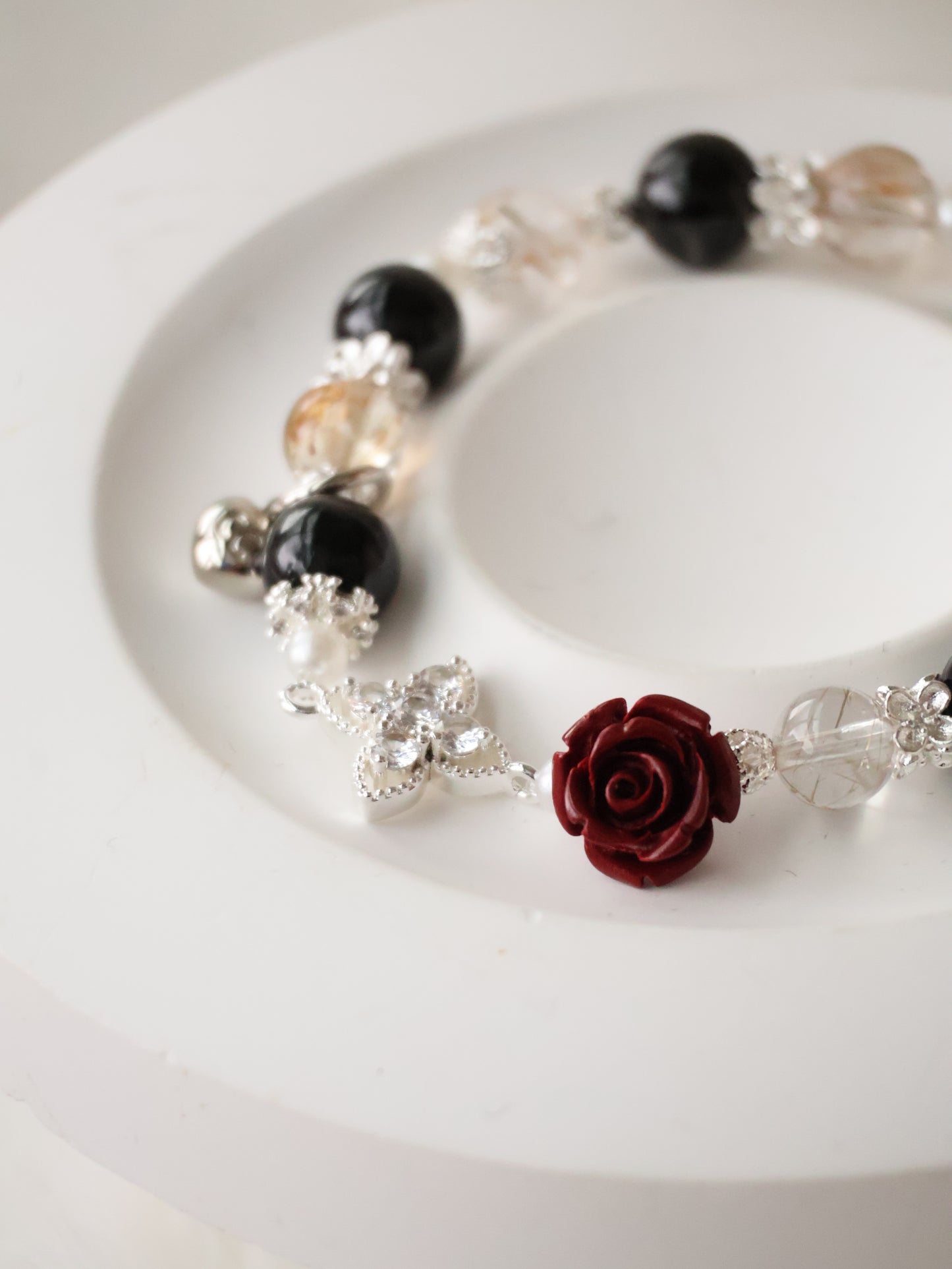 *Backorder* Hypersthene, Black Gold Super 7 & Cinnabar Rose with Clover Charm Crystal Bracelet (Elastic)