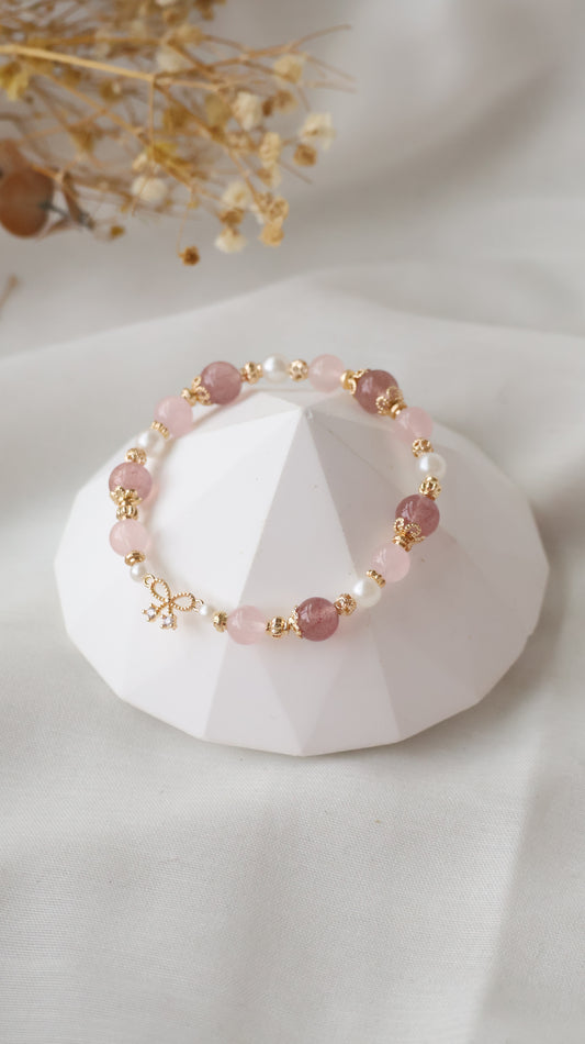 *Backorder* Strawberry Quartz & Rose Quartz with Ribbon Charm Crystal Bracelet (Elastic)