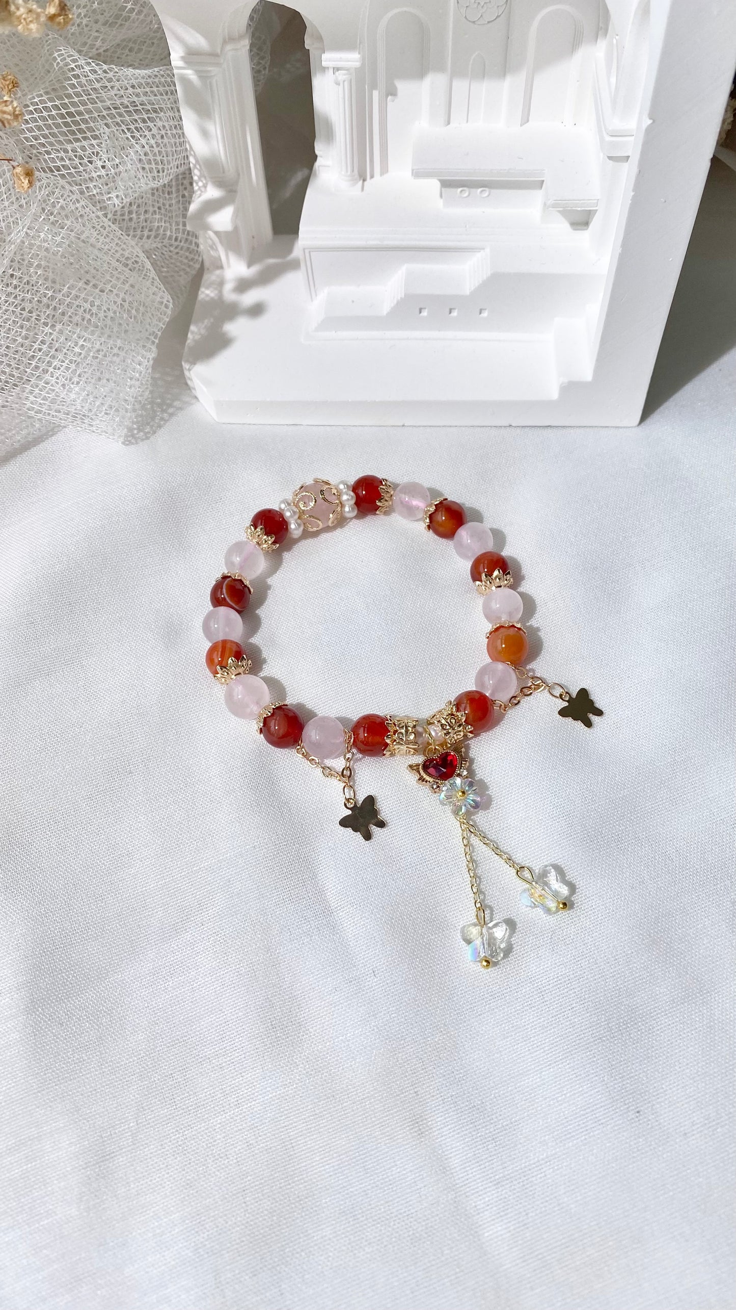 *PO* Carnelian & Rose Quartz with Sparkly Red Heart Charm Danglys & Butterfly Chain Crystal Bracelet (Elastic)