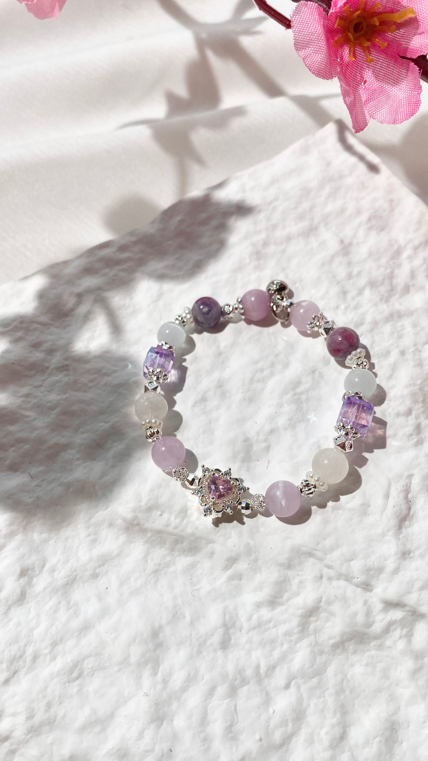 *PO* Snow Garden Rose Quartz, Kunzite,  Unicorn Stone & Cat Eye with Sparkly Heart Charm Crystal Bracelet (Elastic) 2.0