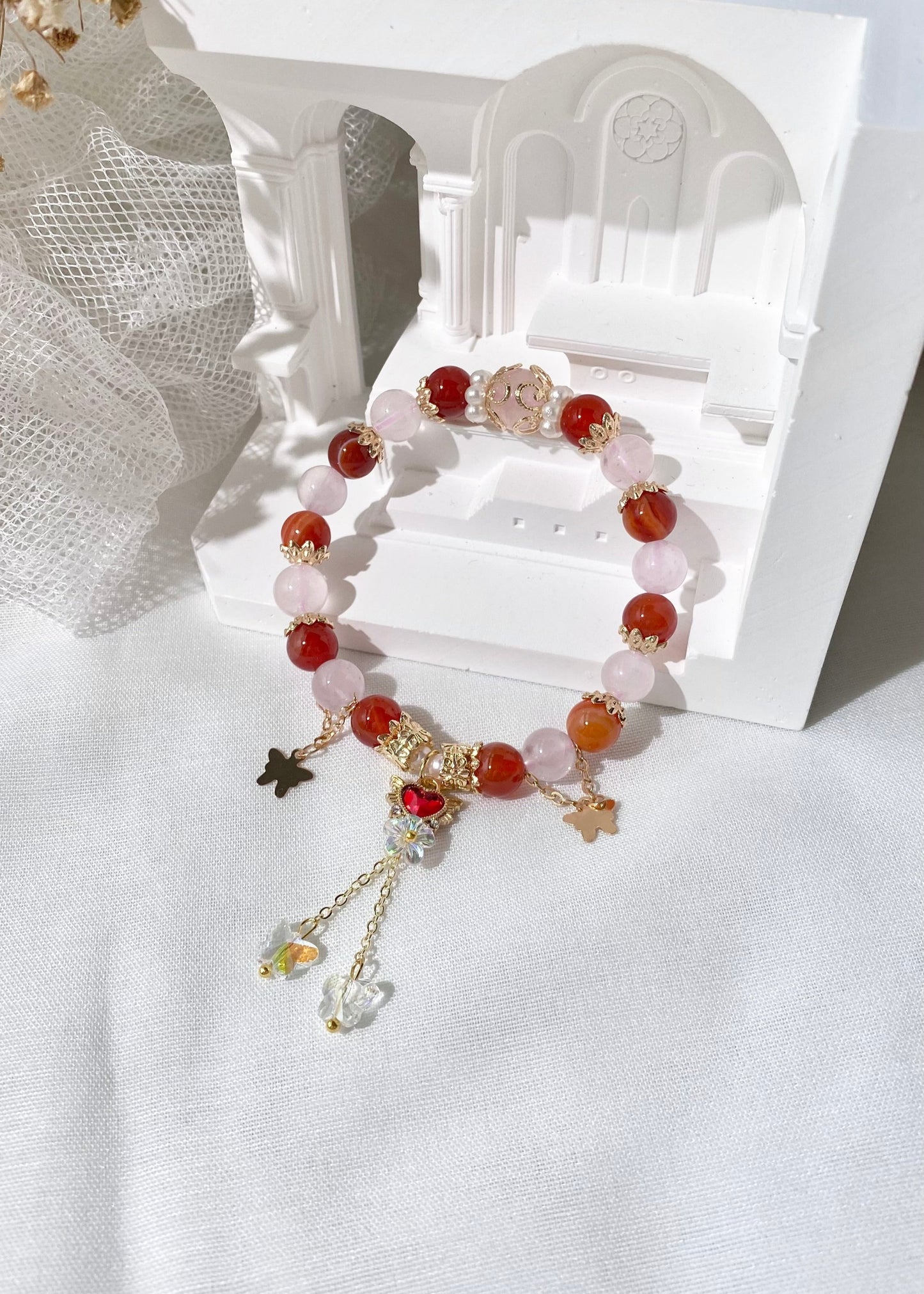 *PO* Carnelian & Rose Quartz with Sparkly Red Heart Charm Danglys & Butterfly Chain Crystal Bracelet (Elastic)