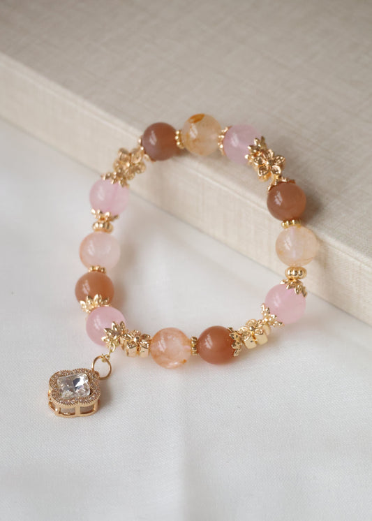 *PO* Cordelia Twin - Golden Healer, Peach Moonstone & Rose Quartz with Sparkly Clover Charm Crystal Bracelet (Elastic)