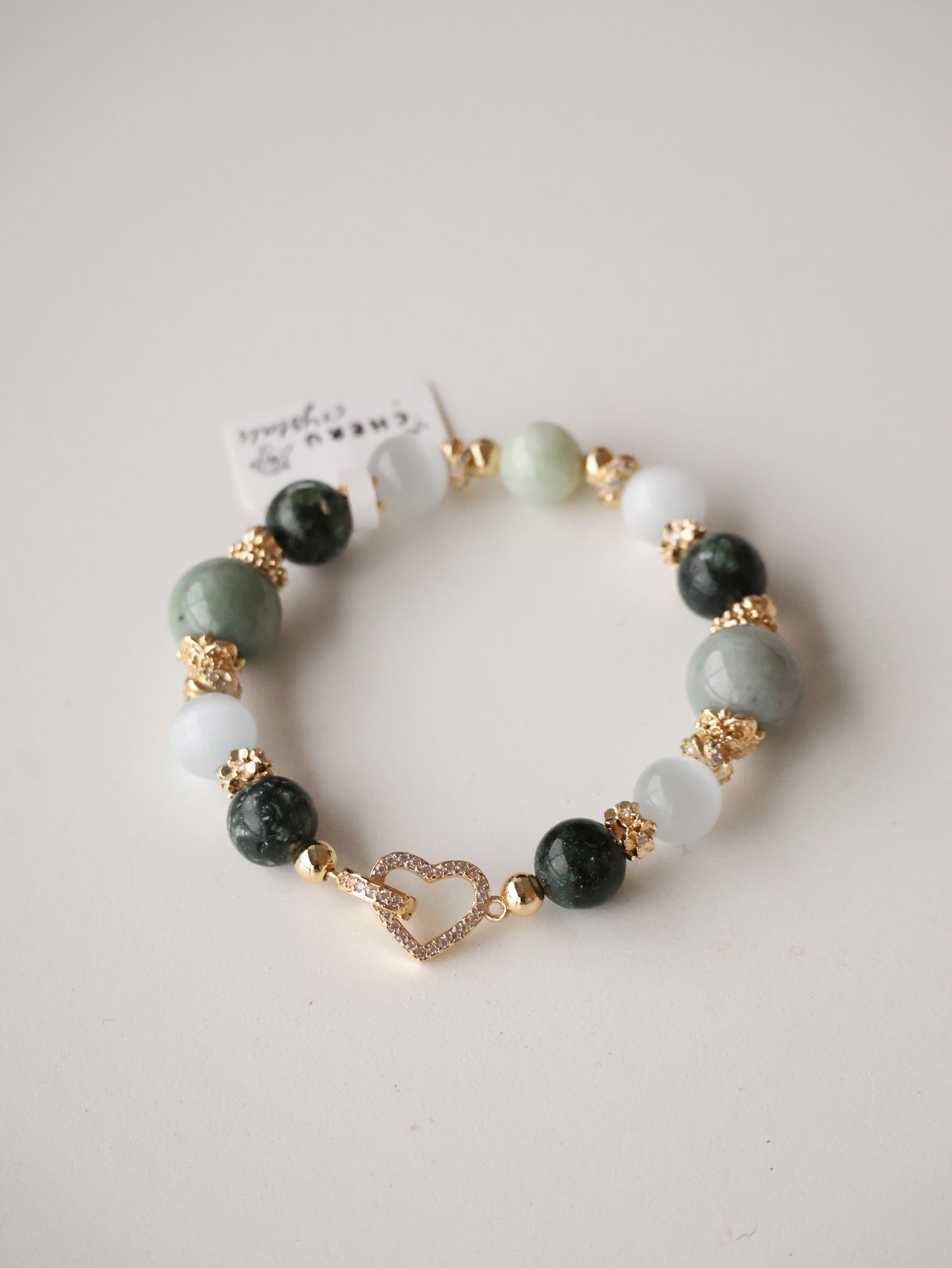 *Instocks* Cheru Customs - Light Green Jadeite, Cat Eye, Seraphinite & Wuji Jadeite with Heart Clasp