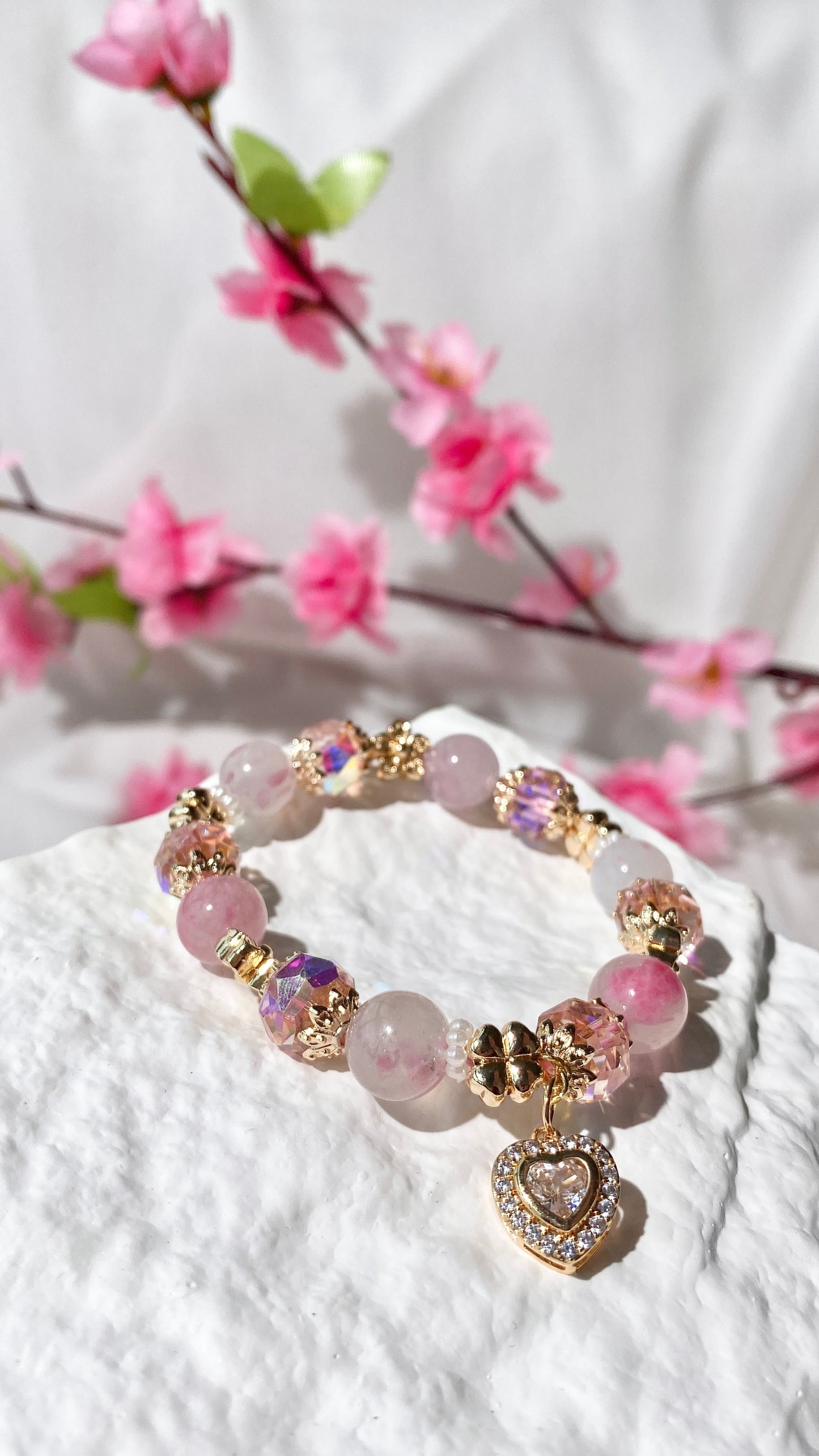 *PO* Sakura Rhodonite with Sparkly Heart Charm Crystal Bracelet (Elastic)