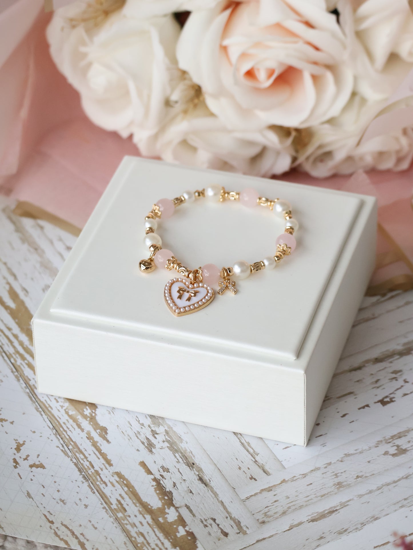 *Backorder* Cherie - Rose Quartz with Heart & Ribbon Charms Crystal Bracelet (Elastic) 2.0