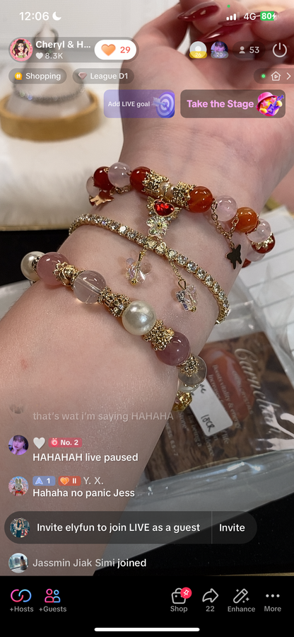 *PO* Carnelian & Rose Quartz with Sparkly Red Heart Charm Danglys & Butterfly Chain Crystal Bracelet (Elastic)