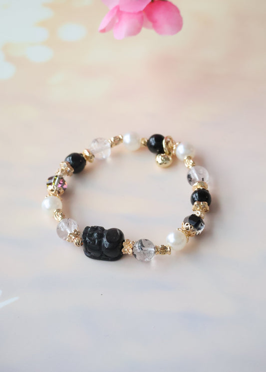 *PO* Hypersthene Pixiu 貔貅 & Herkimer Diamond Crystal Bracelet (Elastic)