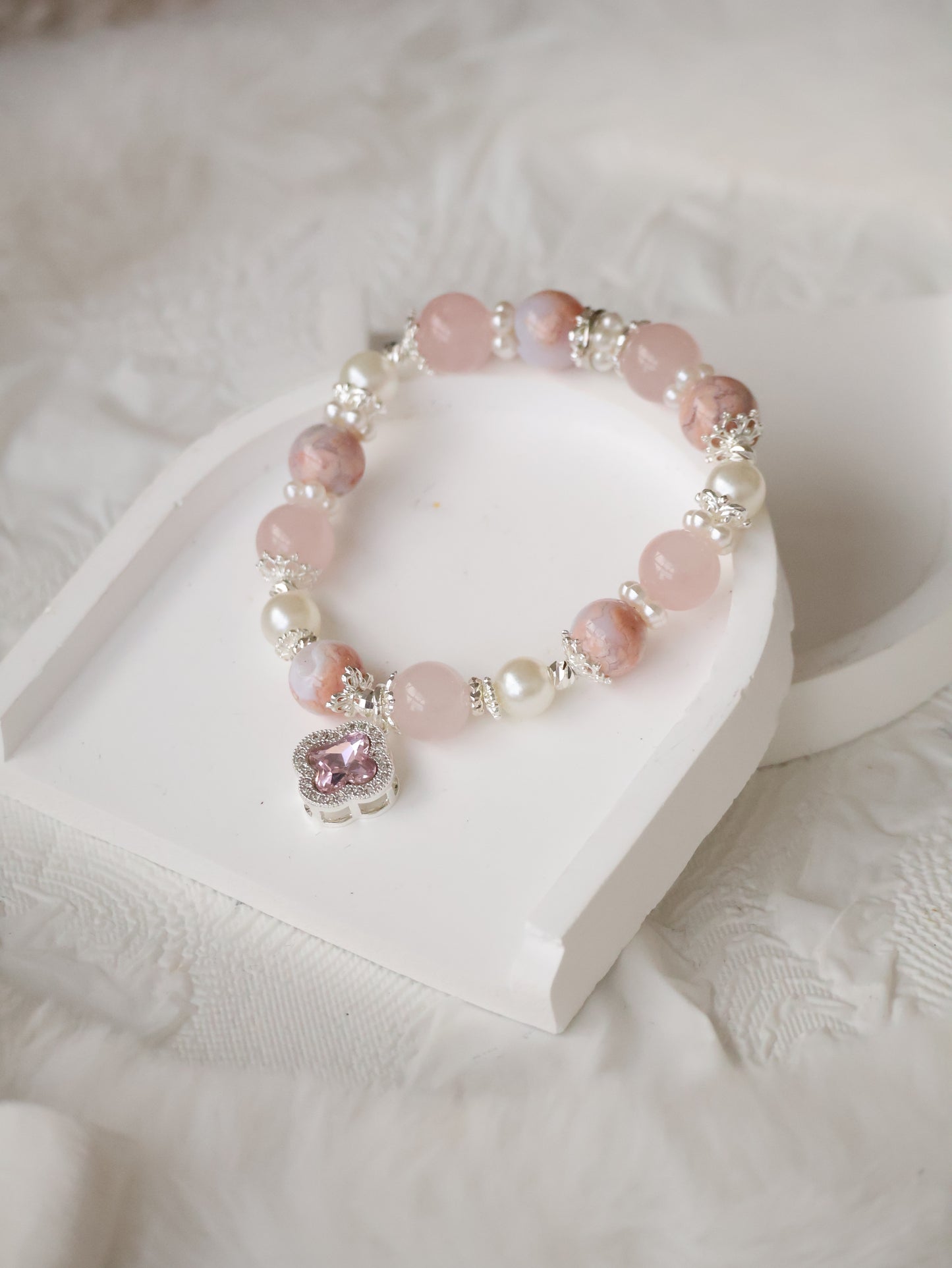 *Backorder* Cordelia Twin - Flower Agate & Rose Quartz with Sparkly Clover Charm Crystal Bracelet (Elastic)