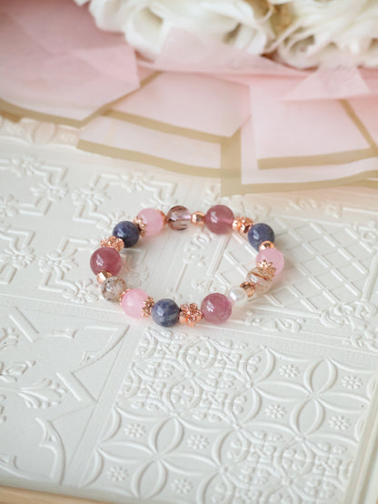 *Backorder* Iolite, Black Gold Super 7, Strawberry Quartz & Rose Quartz Crystal Bracelet (Elastic)