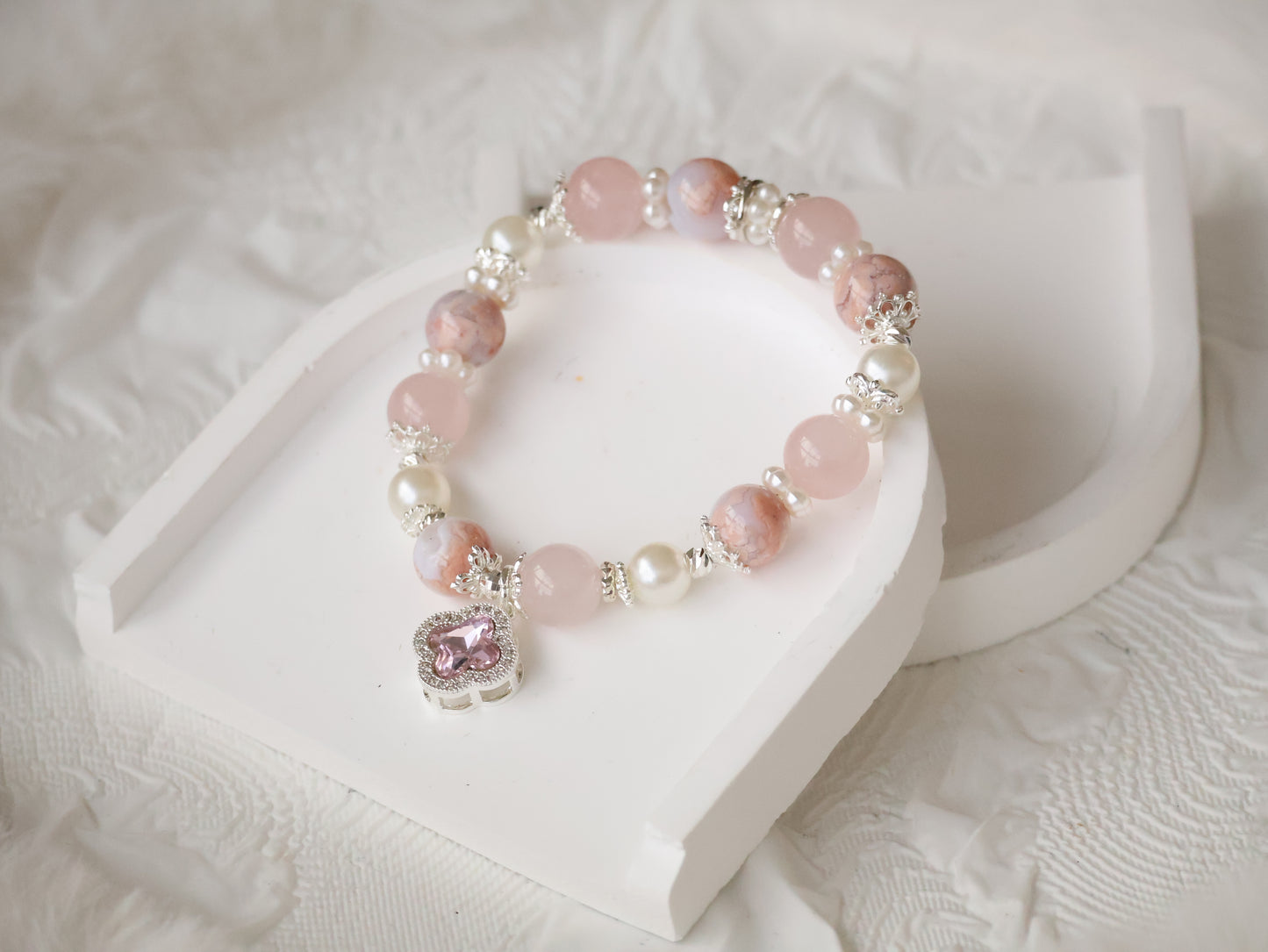 *Backorder* Cordelia Twin - Flower Agate & Rose Quartz with Sparkly Clover Charm Crystal Bracelet (Elastic)