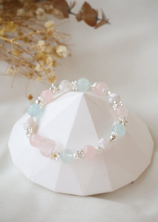 *Backorder* Peony Agate, Rose Quartz & Aquamarine with Rose Quartz Rose & White Flower Charm Crystal Bracelet (Elastic)