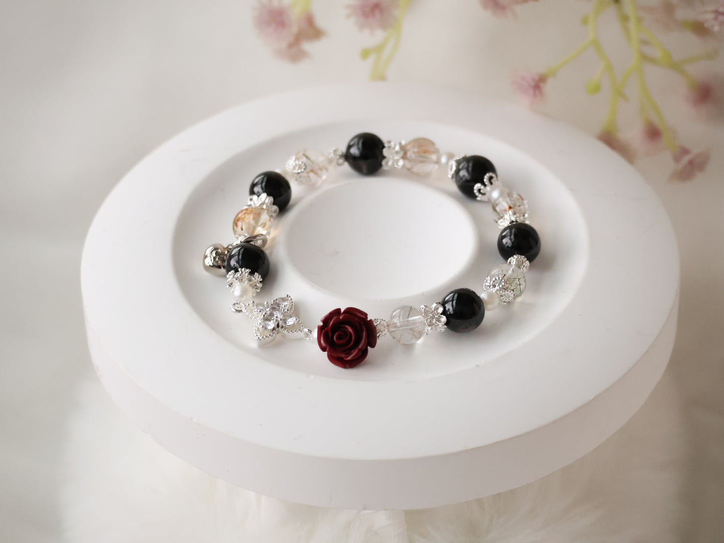 *Backorder* Hypersthene, Black Gold Super 7 & Cinnabar Rose with Clover Charm Crystal Bracelet (Elastic)