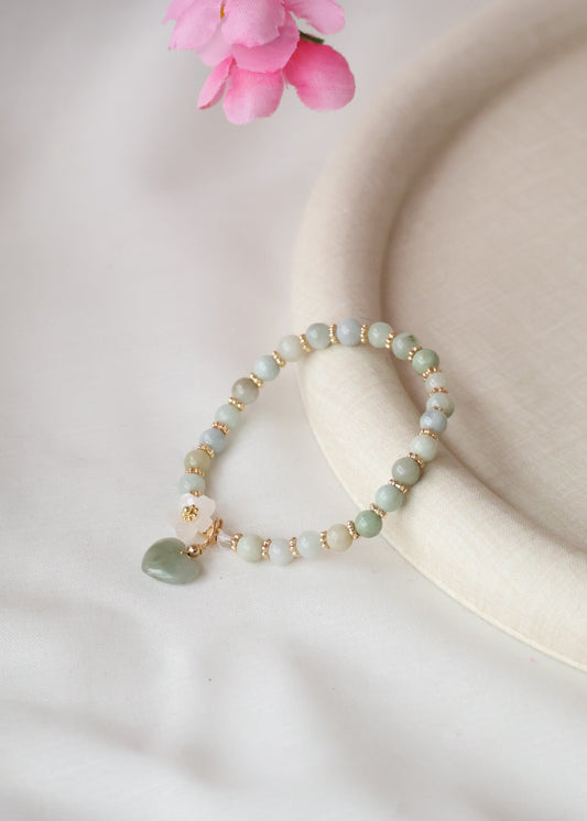 *PO* Green Jadeite 6mm Stacker with Sakura Flower & Jadeite Heart Charm Crystal Bracelet (Elastic)