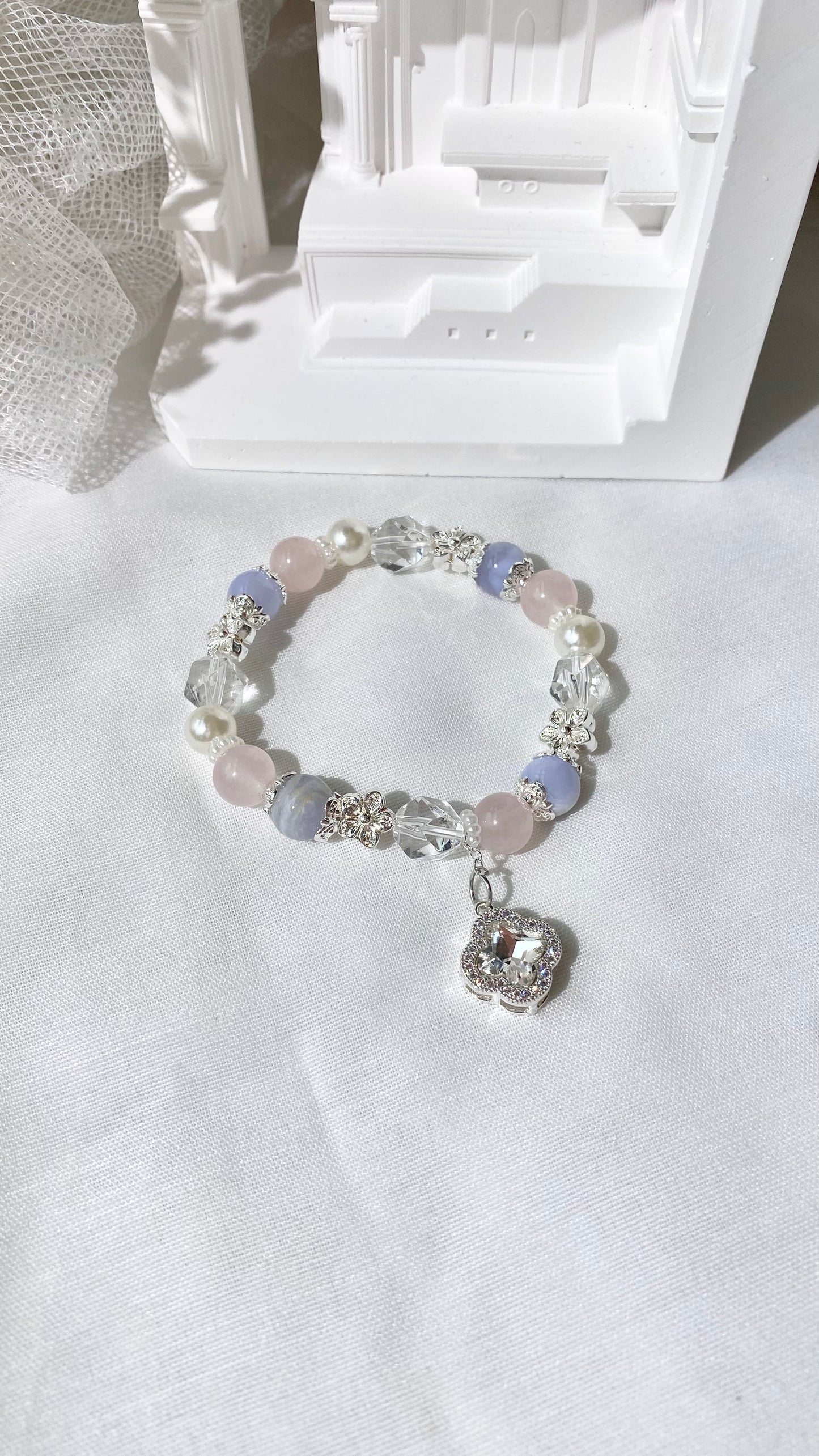 *PO* Cordelia Twin - Blue Lace Agate, Rose Quartz & Clear Quartz Freeform with Sparkly Clover Charm Crystal Bracelet (Elastic)