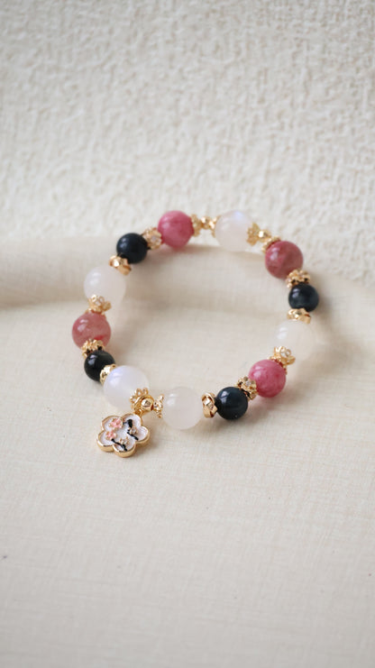 *Backorder* Blue Tiger's Eye, Rhodonite & Moonstone with Floral Charm Crystal Bracelet (Elastic)