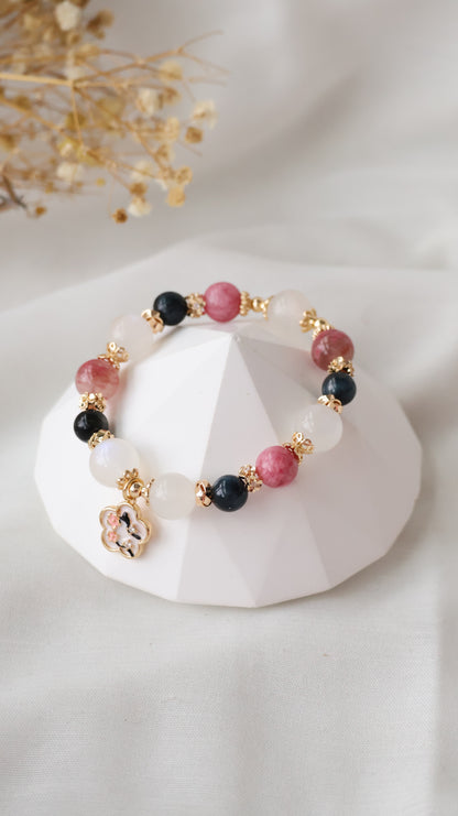 *Backorder* Blue Tiger's Eye, Rhodonite & Moonstone with Floral Charm Crystal Bracelet (Elastic)