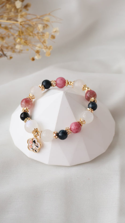 *Backorder* Blue Tiger's Eye, Rhodonite & Moonstone with Floral Charm Crystal Bracelet (Elastic)