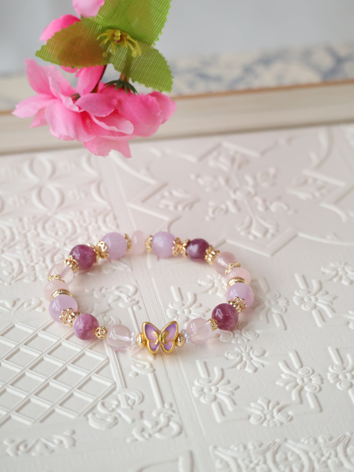 *INSTOCKS* Cheru Customs - Pink Purple Emerald Mica, Kunzite, Rose Quartz & Rose Quartz Rondelle with Purple Butterfly Charm Crystal Bracelet