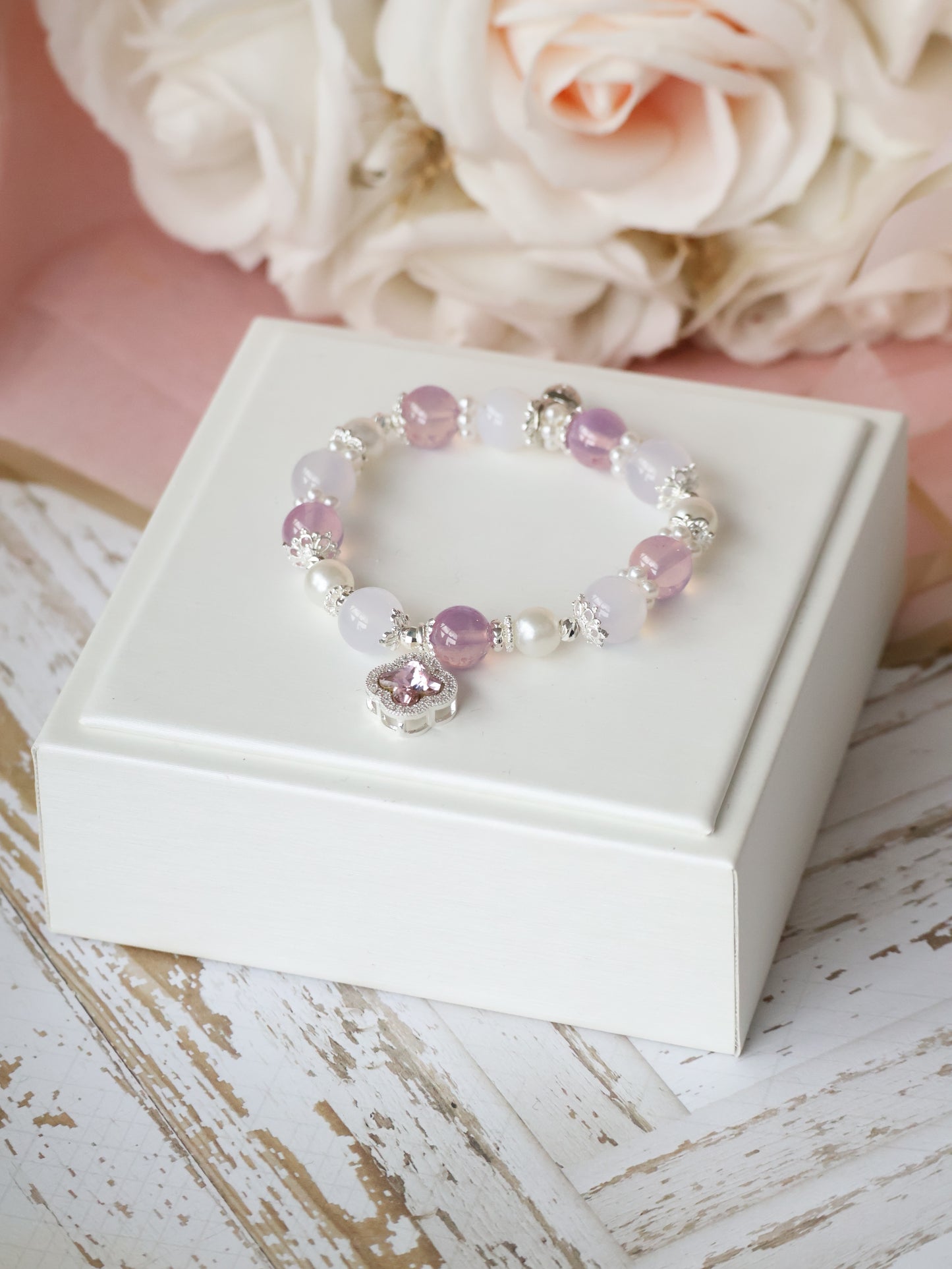 *Backorder* Cordelia Twin - Pink Star Ruby & Purple Agate with Sparkly Pink Clover Crystal Bracelet (Elastic)