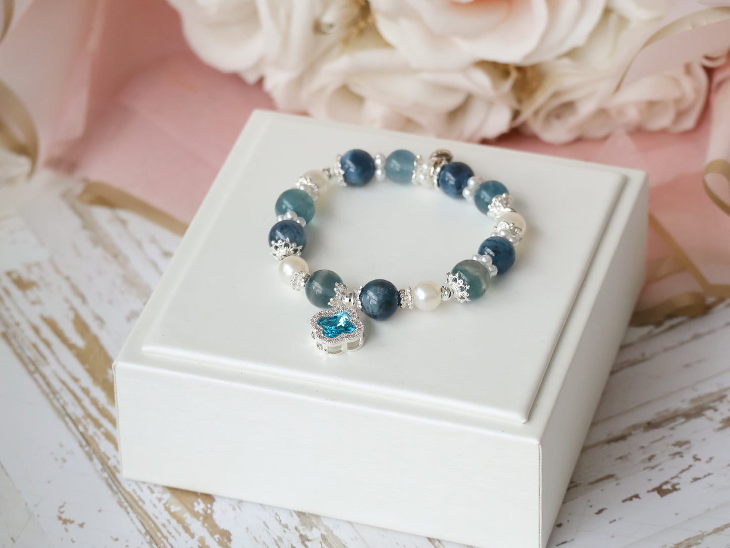 *Backorder* Cordelia Twin - Blue Fluorite & Devil Blue Aquamarine with Sparkly Blue Clover Crystal Bracelet (Elastic)