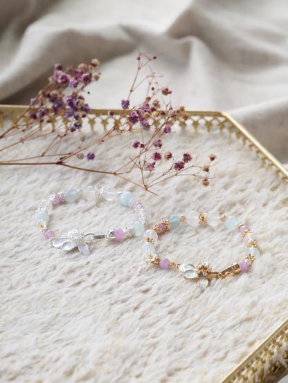 *Backorder* Aquamarine, Kunzite & White Phantom Quartz with Flower Clasp Crystal Bracelet (Elastic)