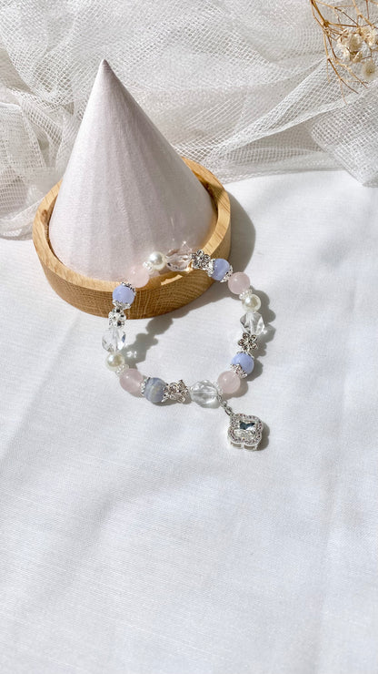 *PO* Cordelia Twin - Blue Lace Agate, Rose Quartz & Clear Quartz Freeform with Sparkly Clover Charm Crystal Bracelet (Elastic)