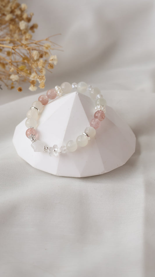 *Backorder* Moonstone & Strawberry Quartz with Clear Quartz Star & Sakura Flower Charm Crystal Bracelet (Elastic) 2.0