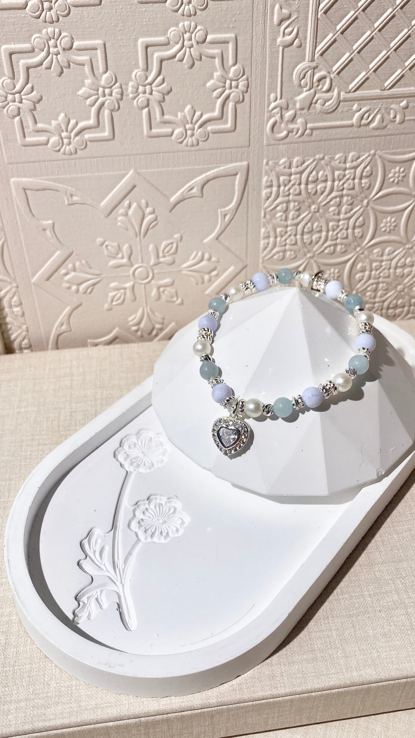 *PO* Blue Lace Agate & Aquamarine with Gem Heart Charm Crystal Bracelet (Elastic)