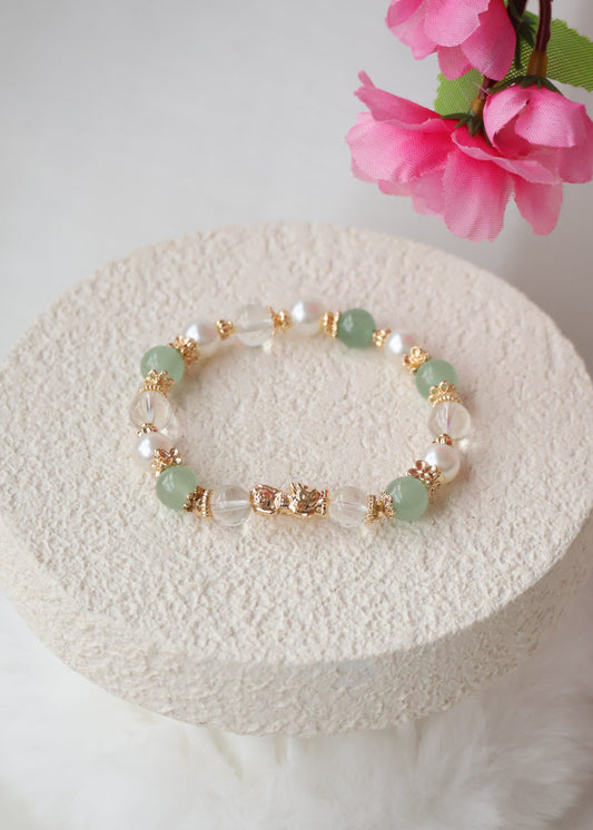 *PO* Green Aventurine & Citrine with Pixiu 貔貅 Charm Crystal Bracelet (Elastic)