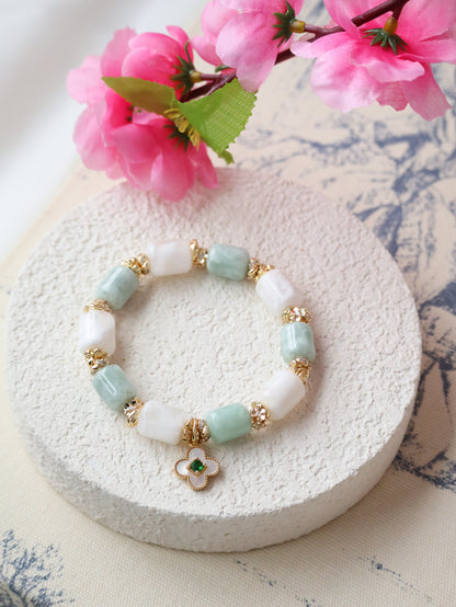 *INSTOCKS* Cheru Customs - Light Green Jadeite & White Phantom Quartz Barrel with Green Four Leaf Clover Charm Crystal Bracelet