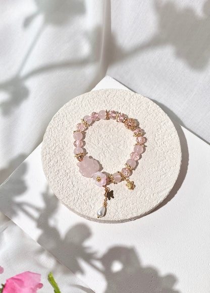 *PO* Rose Quartz Nine Tail Fox 九尾狐 with Pink Flower Charm & Pearl Dangly Crystal Bracelet (Elastic)