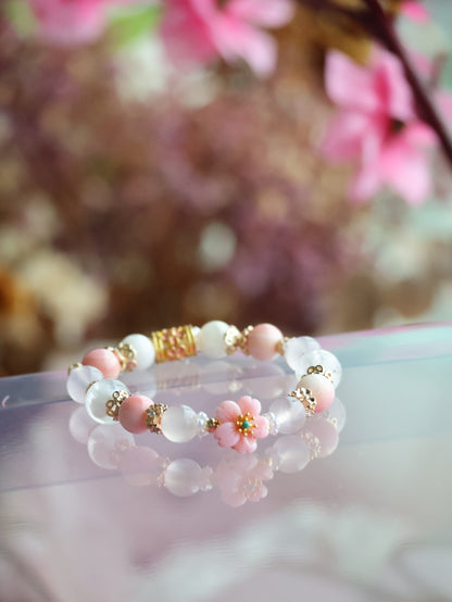 *Instocks* Cheru Customs - Queen Conch, Snow Garden Rose Quartz, White Chalcedony & White Phantom Quartz with Queen Conch Sakura Flower Charm Crystal Bracelet