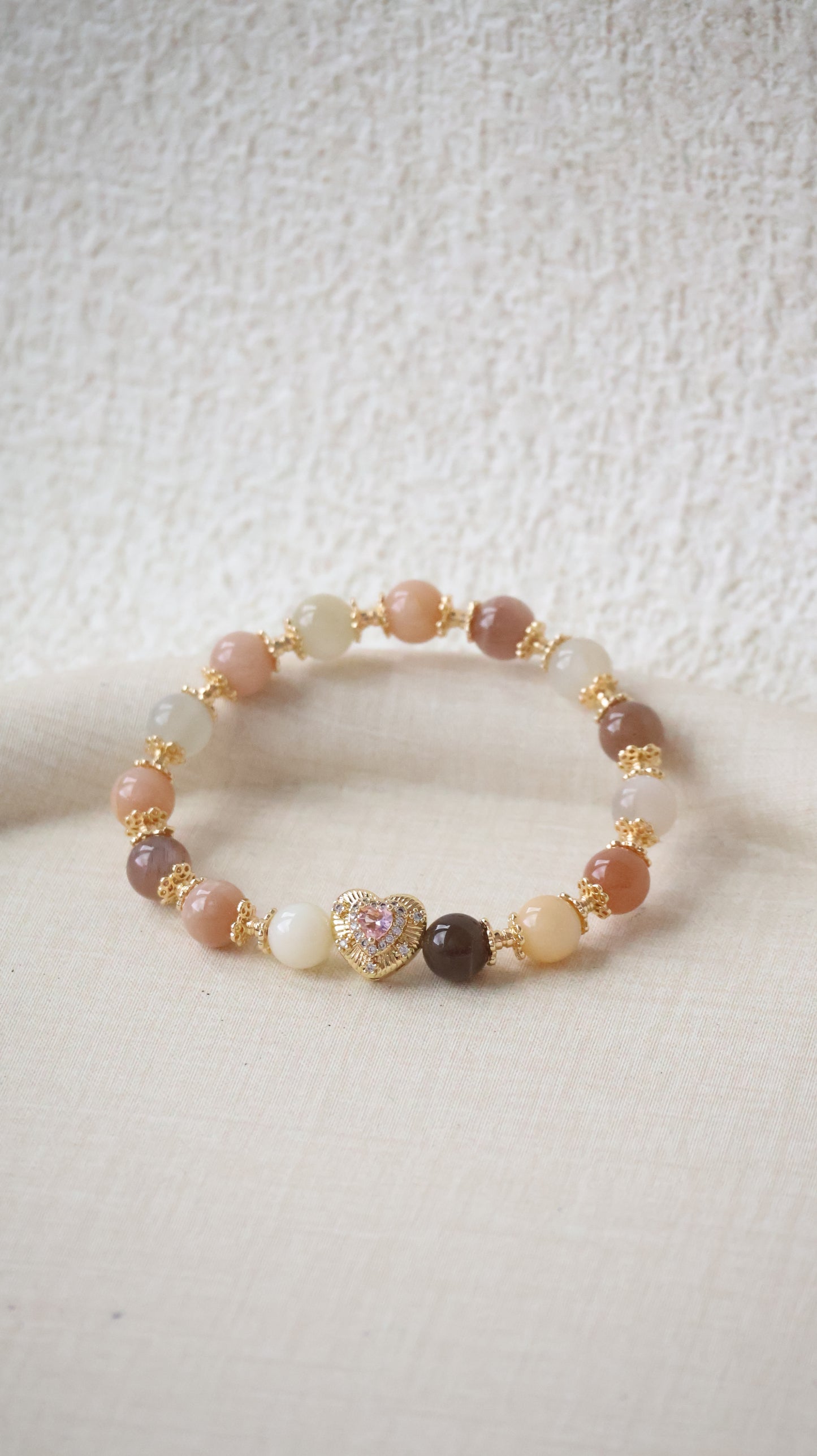 *Backorder* Moonstone & Peach Moonstone with Pink Gem Heart Crystal Bracelet (Elastic)