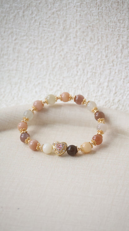 *Backorder* Moonstone & Peach Moonstone with Pink Gem Heart Crystal Bracelet (Elastic)