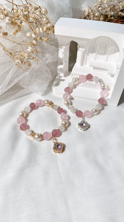 *PO* Cordelia Twin - Faceted Strawberry Quartz, Rose Quartz & Moonstone with Sparkly Clover Charm in Gold Crystal Bracelet (Elastic)